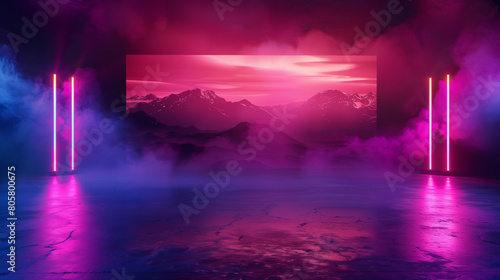 Neon-lit futuristic landscape with purple fog and mountain backdrop. Empty copy space for silhouette dance.  Generative AI