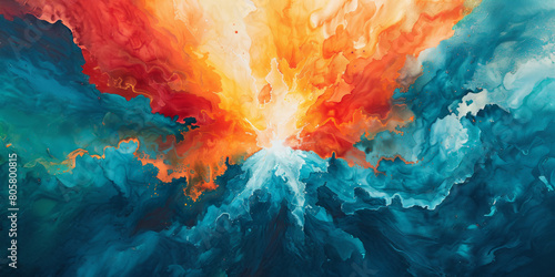 A painting of a colorful explosion with a bright orange sun in the center photo