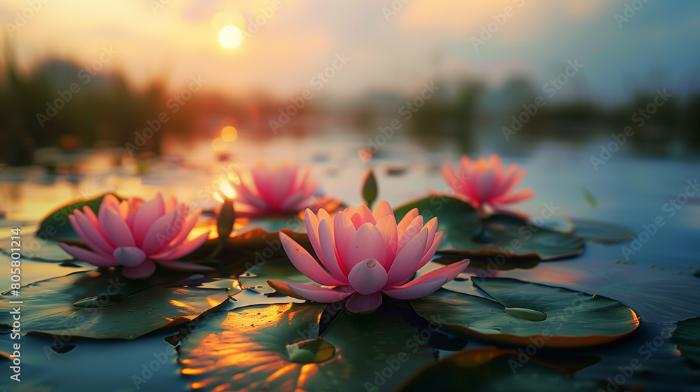 Beautiful lotus flowers floating on the surface of calm pond water, accompanied by a sunset background, Ai generated Images