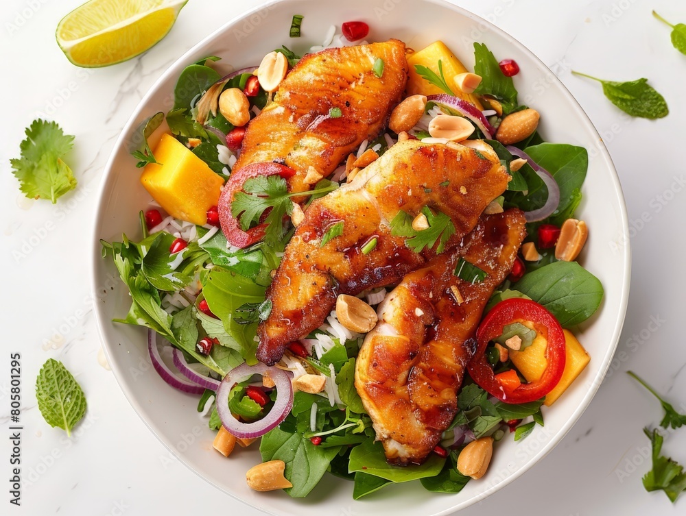 Thai mango salad with crispy catfish and peanuts 