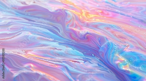  A blue, pink, and yellow swirl pattern adorns the surface of a fluid substance, dotted with water droplets