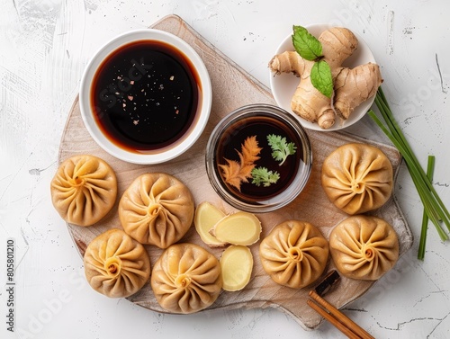 Chinese xiao long bao with black vinegar and ginger slices 