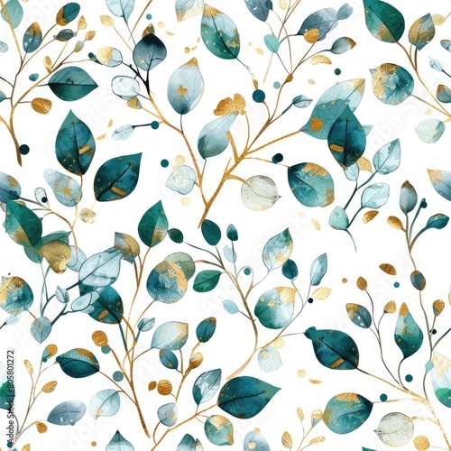 Watercolor leaves seamless pattern in Green and Gold tones On white background . 