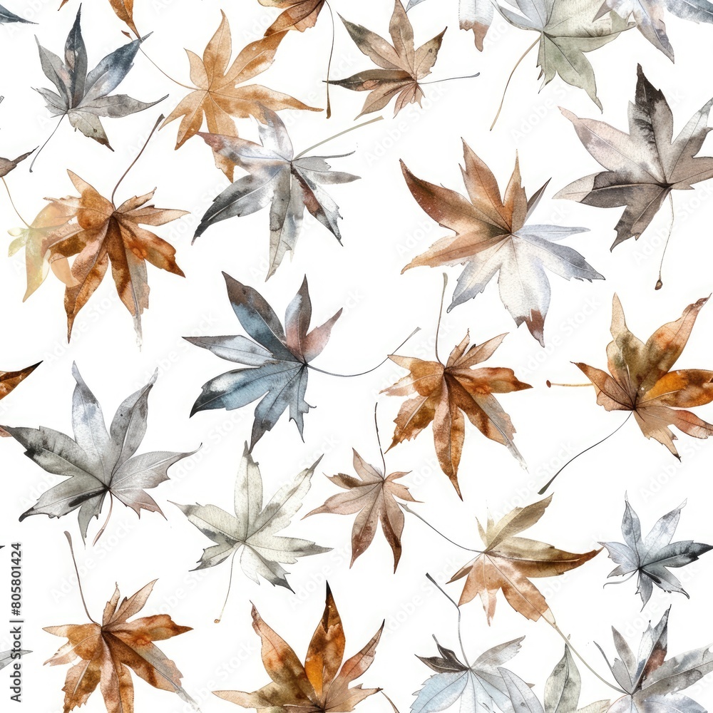 Watercolor leaves seamless pattern in brown and grey tones On white background .