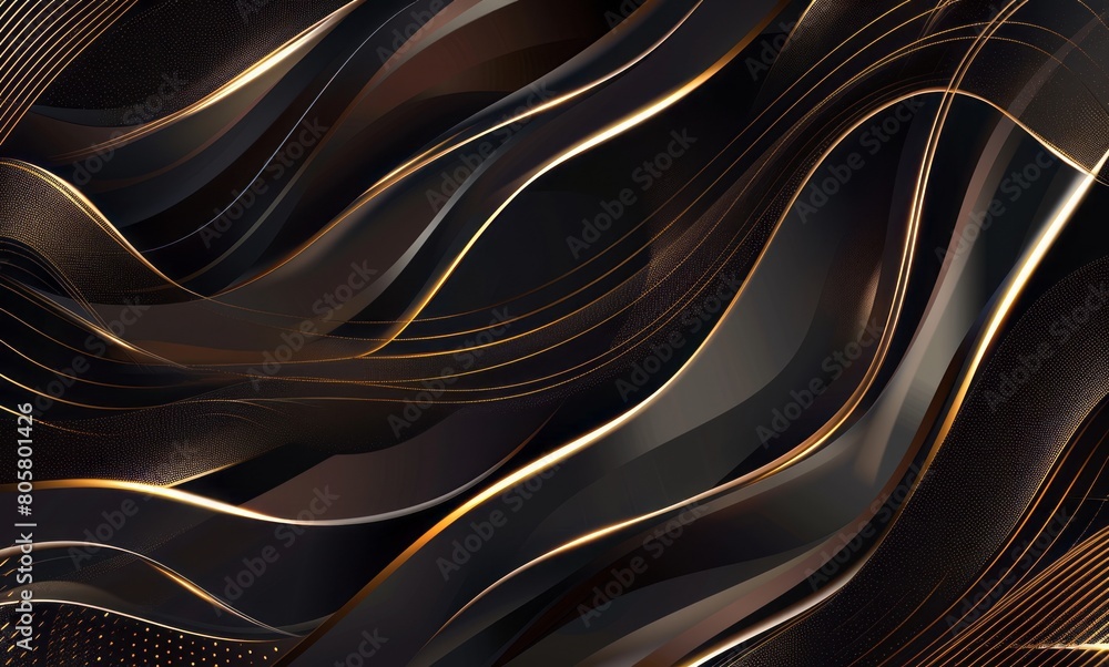 Fototapeta premium Abstract background with golden lines and wavy shapes on dark brown, luxurious design element for presentation or social media banner template