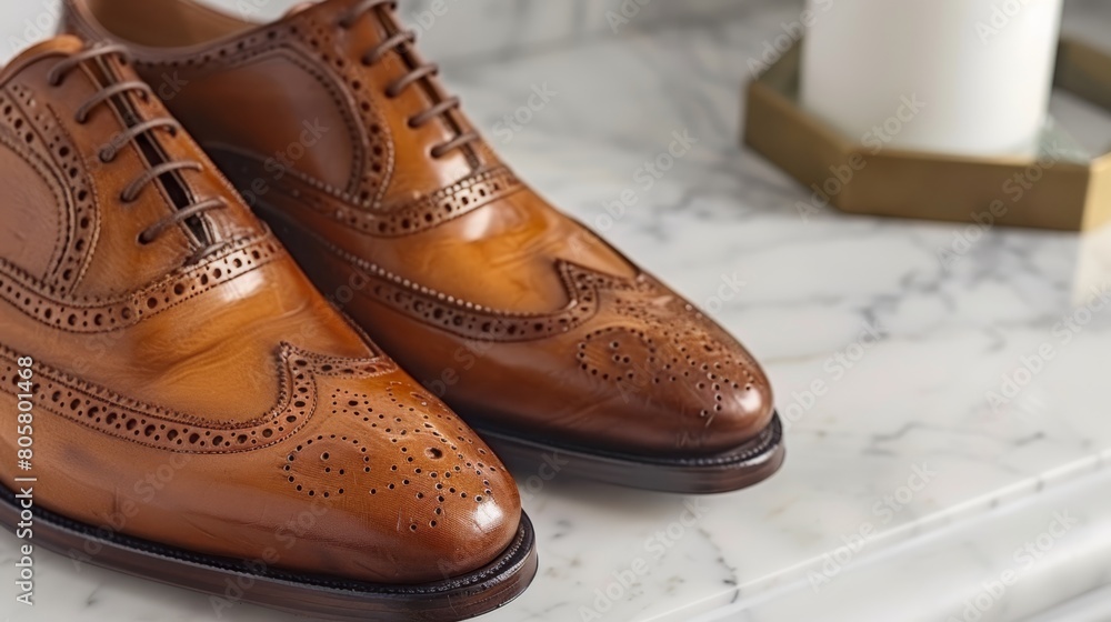 A tight shot of two brown shoes on a marble table Nearby, a candle and a glass of milk are placed A tight shot of two brown shoes on a marble table Nearby, a candle and a glass of milk are placed