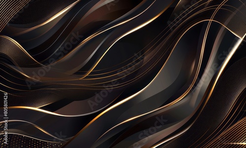 Abstract background with golden lines and wavy shapes on dark brown, luxurious design element for presentation or social media banner template