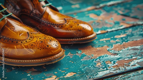  A brown shoe pair sits atop a blue wooden floor Nearby, a green wooden floor shows signs of peeling paint