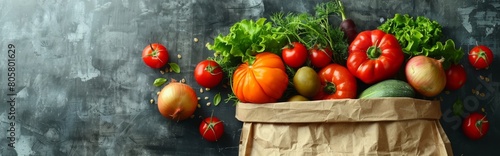 Fresh vegetables falling into the paper bag. vegetables and fruits on white. Shopping food supermarket concept   Organic Vegetables Falling into Paper Bag - Eco-friendly Shopping Concept