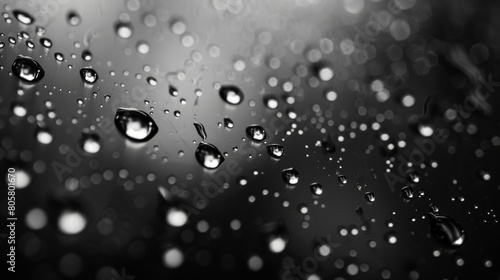 A closeup of raindrops on glass  with the background showing an abstract gradient of black and brown hues. The focus is on capturing intricate details in each droplet.