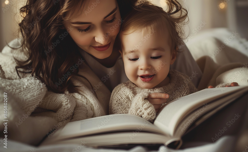 Tender Mother-Child Moment: Reading Together in a Cozy Home Tender Mother-Child Moment: Reading Together in a Cozy Home