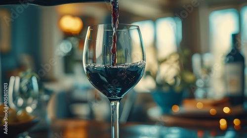  A tight shot of a wine glass filling up with red wine, accompanied by a bottle in the backdrop