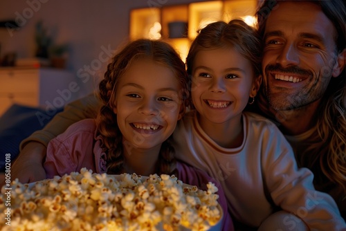 Dad  mom  and daughter enjoying a cinematic experience with smiles and popcorn in the living room