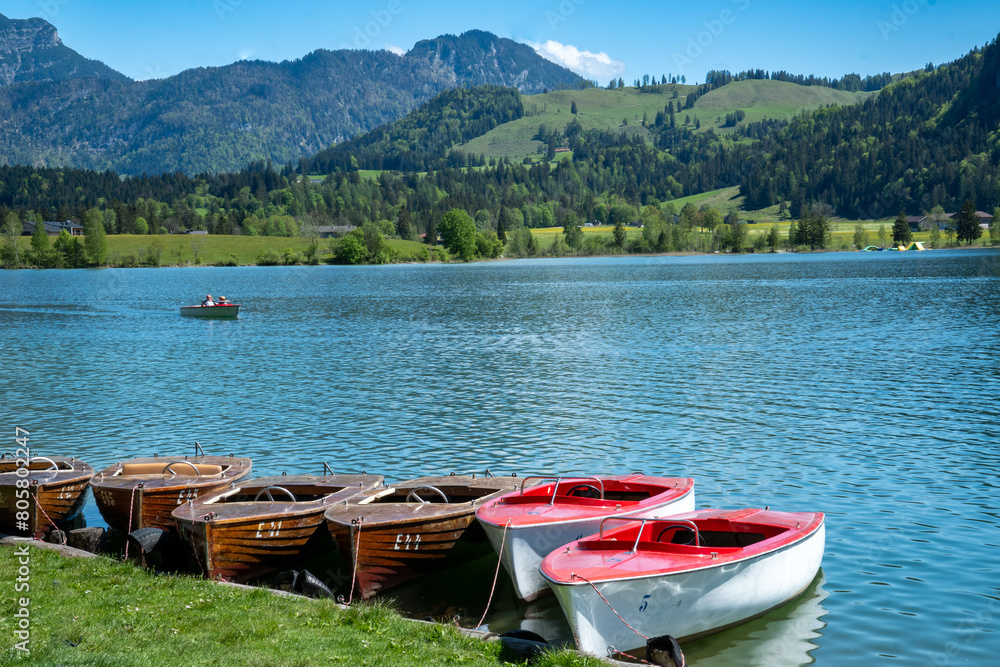 Some colorful boats on the lakeshore of Walchsee, Tyrol, Austria.