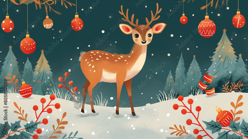 Fototapeta premium Christmas and New Year greeting card with deer, balls, confetti, ribbons and trees.
