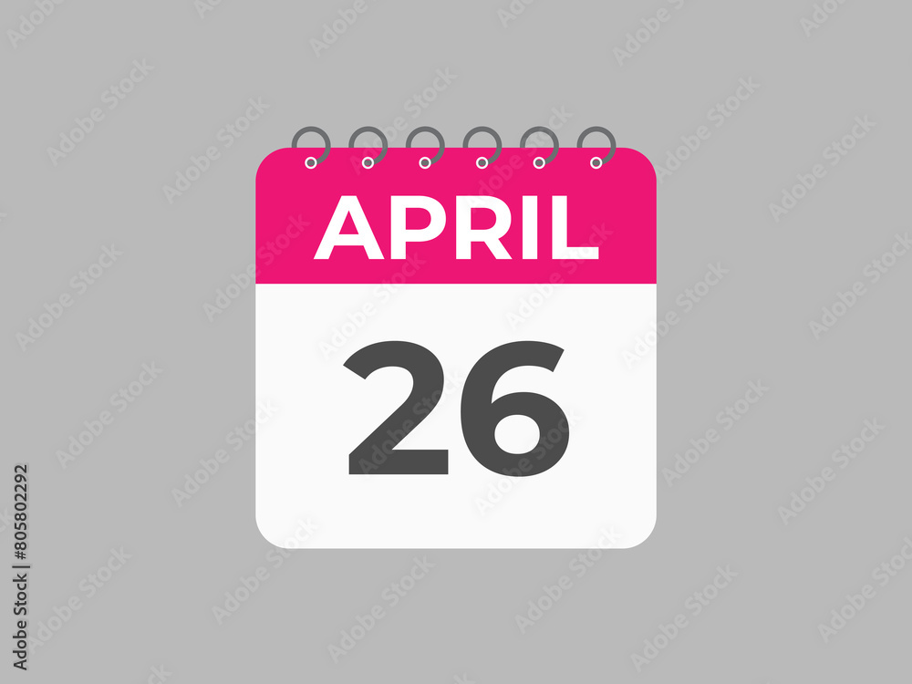 April 26 calendar reminder. 26 April daily calendar icon template. Calendar 26 April icon Design template. Vector illustration
April 26 calendar reminder. 26 April daily calendar icon template. Calendar 26 April icon Design template. Vector illustration