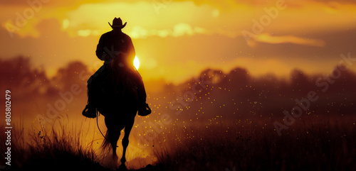 Fototapeta Naklejka Na Ścianę i Meble -  A cowboy riding a horse through a field at sunset
