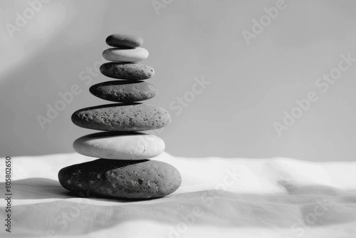 A minimalist still life featuring a stack of pebbles arranged in a cairn, with their smooth surfaces and balanced shapes creating a mesmerizing minimalist composition.