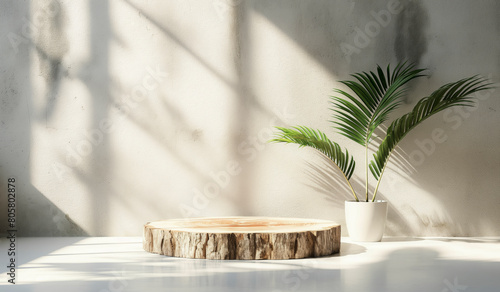 A large log is placed on a white surface  with a potted plant in front of it. The scene is simple and minimalistic  with the focus on the natural elements of the log and the plant