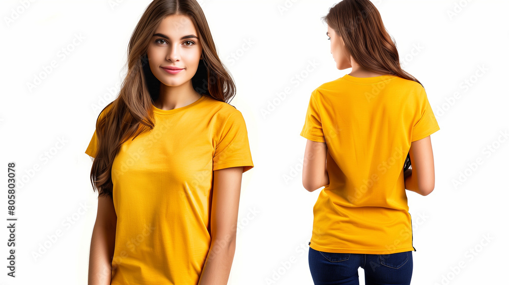 A beautiful woman wearing a yellow t-shirt on the front and back, Ai generated Images A beautiful woman wearing a yellow t-shirt on the front and back, Ai generated Images
