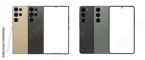 Samsung Galaxy S23, and S24 Ultra in two luxury colors. Smartphone mock up isolated on transparent background. Realistic mock up.