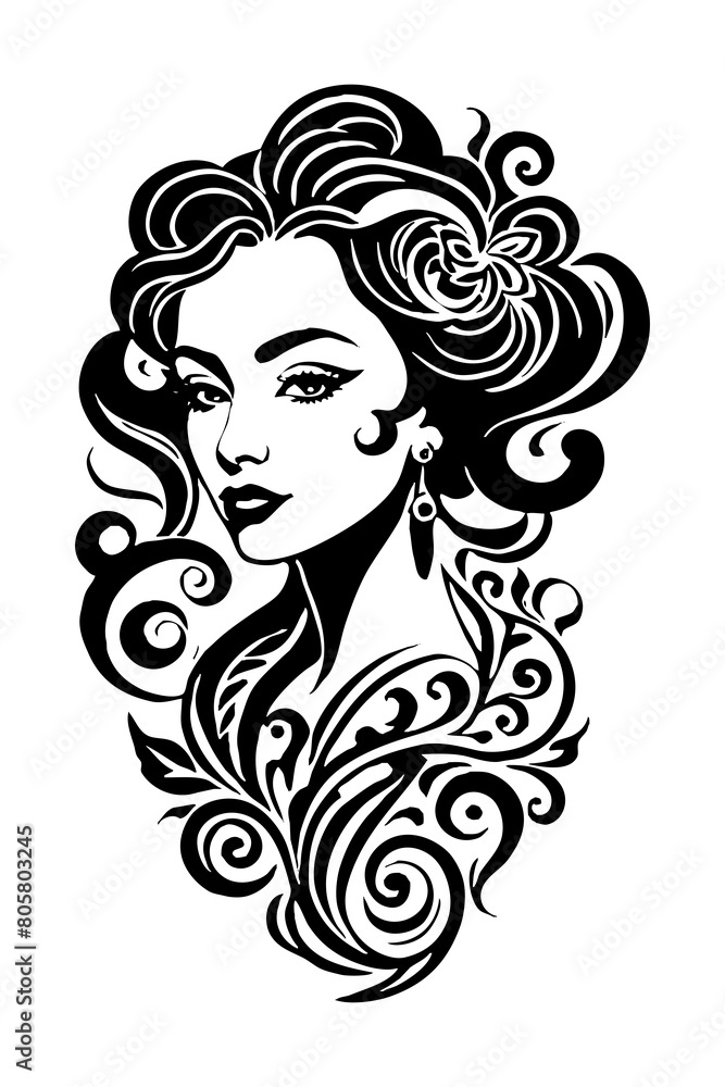 Fictional female character. Black and white pattern. For use on tattoos, posters, textiles and T-shirt prints. Generated by Ai