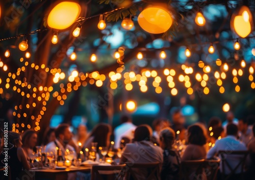 Outdoor Evening Event with Festive String Lights and Guests Dining