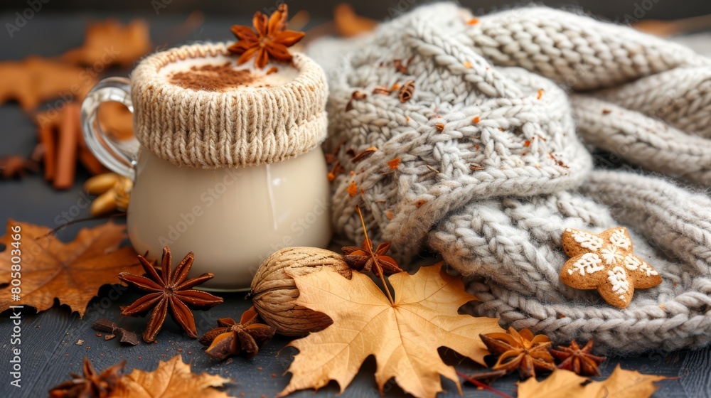   A cup of hot chocolate on a table, next to a pile of autumn leaves and a knitted mitt