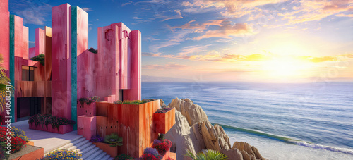 A pink building with a balcony overlooking the ocean