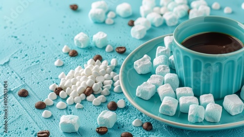  A saucer holds a cup of hot chocolate, topped with marshmallows on a blue table Scattered on the table are additional marshmallows and chocolate pieces