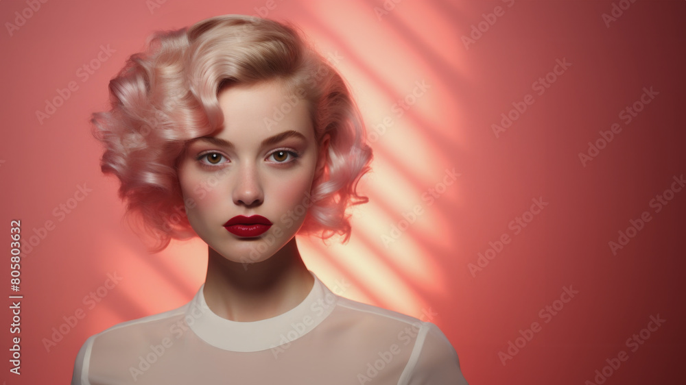 A studio portrait of a beautiful blond female model with a hairstyle reminiscent of the 1950s or 1960s. Nostalgic, retro fashion. Copy space. A studio portrait of a beautiful blond female model with a hairstyle reminiscent of the 1950s or 1960s. Nostalgic, retro fashion. Copy space.