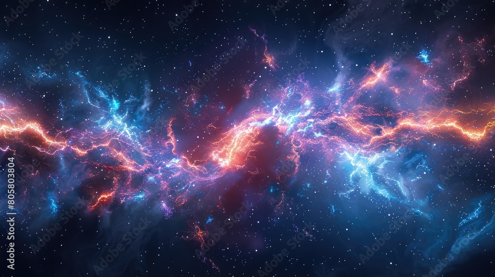 Naklejka premium The image shows a colorful nebula with a bright center and long, swirling arms. The colors are vibrant and saturated, and the nebula appears to be in motion.