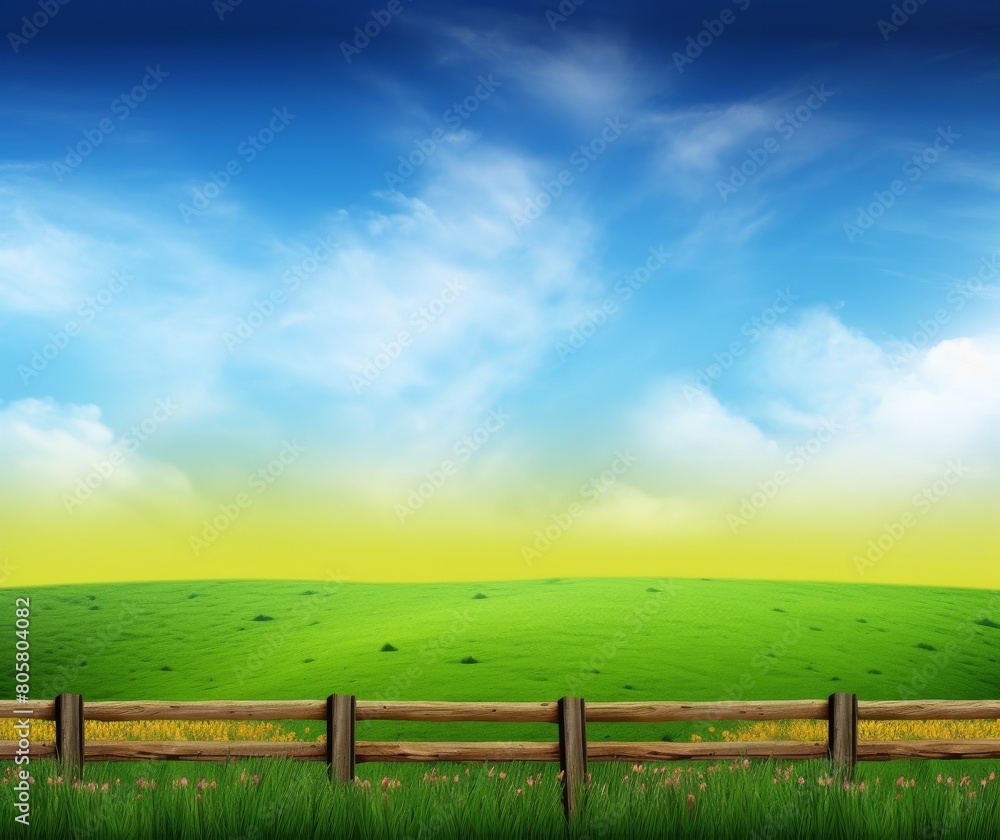 Vibrant Spring Meadow with Blue Sky and Wooden Fence Landscape Scene