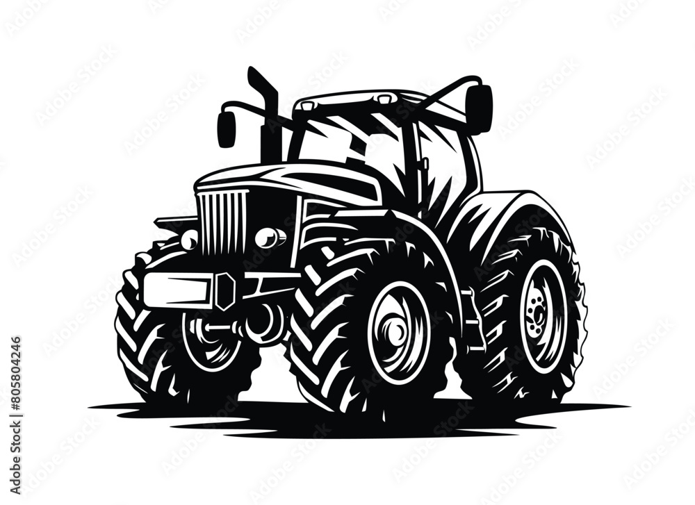 Obraz premium Silhouette of a tractor illustration vector with tractor icon and logo on white background