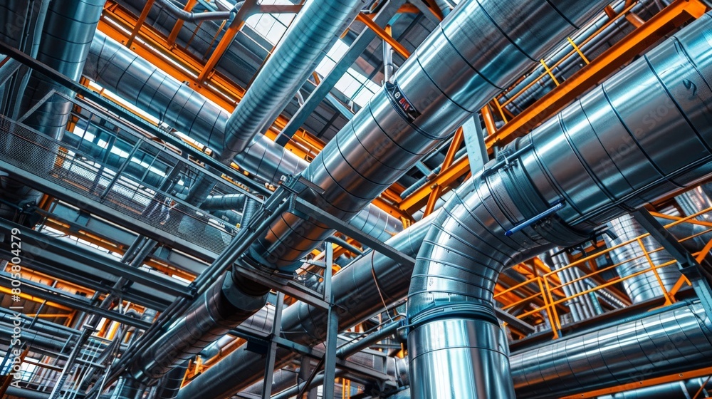 Steel pipelines running along the ceiling of a large manufacturing plant, with valves positioned at key junctions Steel pipelines running along the ceiling of a large manufacturing plant, with valves positioned at key junctions