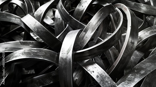 Close-up view of a pile of old metal plates, forming an abstract pattern on a white background