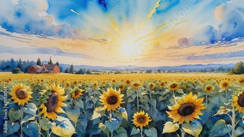 Watercolor, Sunflower field background