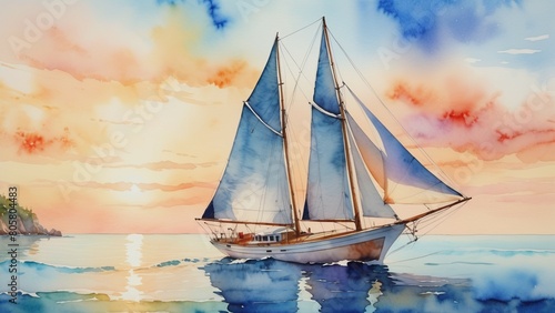 Watercolor, yacht background on the sea