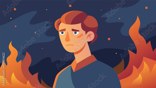 With a furrowed brow the stoic ponders the complexities of human nature illuminated by the gentle flames of the fire.. Vector illustration
