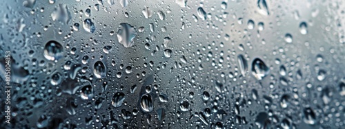 A closeup of raindrops on the glass, with the background featuring a gradient from dark to light gray.
