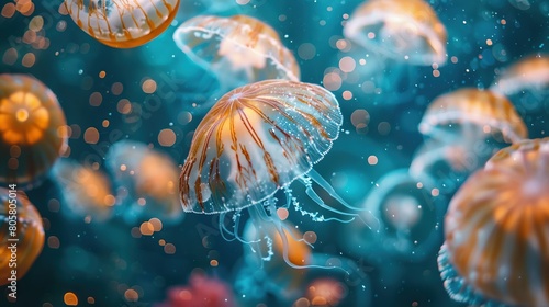 a glowing jellyfish in deep, dark water, surrounded by other fish, with a transparent body and a white, abstract glow, symbolizing life in the aquatic worldHere's the image: a glowin