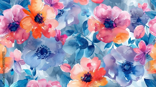 watercolor A beautiful floral pattern in watercolor. Peonies, roses and other flowers in bright colors on a blue background.