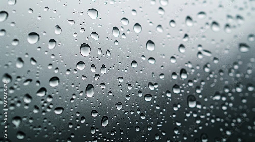 A closeup of raindrops on the glass, with the background featuring a gradient from dark to light gray.