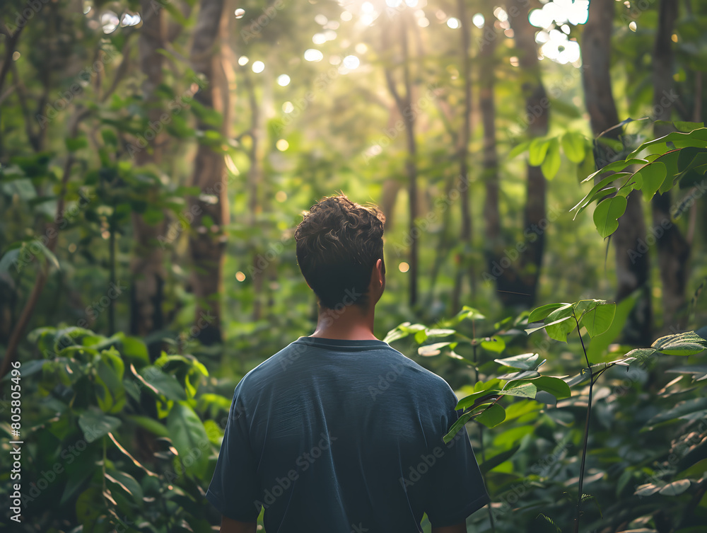 Sustainable eco-friendly travel tourist hiker walking in natural forest, healthy environment renewable resources. Sustainable eco-friendly travel tourist hiker walking in natural forest, healthy environment renewable resources.