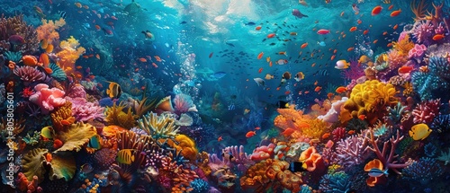 Underwater image of a coral reef with many tropical fish swimming around in the clear blue water.