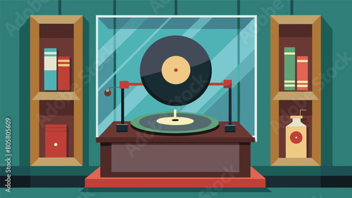 A vinyl press from the 1950s sits behind glass a relic of a bygone era of music production. Vector illustration