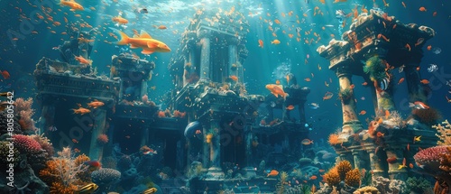 Underwater ruins of an ancient city overgrown with corals and inhabited by schools of colorful fish. photo