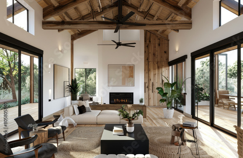 modern interior of living room in wooden house with fireplace  white walls and black details  wood ceiling beams  natural light from windows