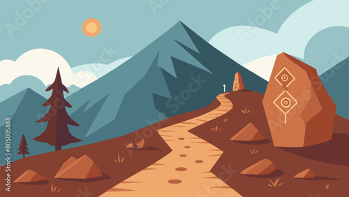 A solitary hike along a mountain trail passing by stoic symbols carved into rocks.. Vector illustration