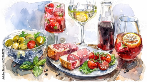 watercolor Aquarelle food still life of a table set with wine, bread, olives, and fruit.